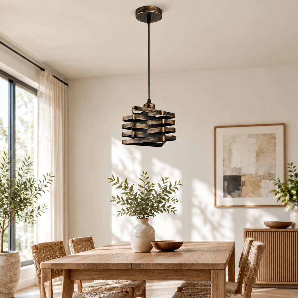 Twist Ribbon Pendant Light — dining room in daylight, lamp off