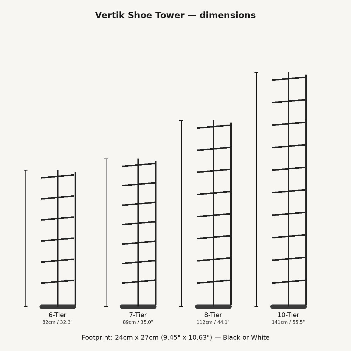 Vertik Shoe Tower — dimensions: 6-tier 82 cm, 7-tier 89 cm, 8-tier 112 cm, 10-tier 141 cm, footprint 24 by 27 cm