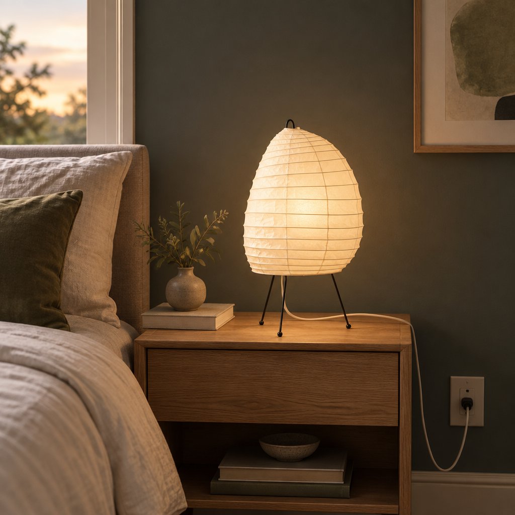 Washi Tripod Table Lamp — bedroom in early evening, lamp on