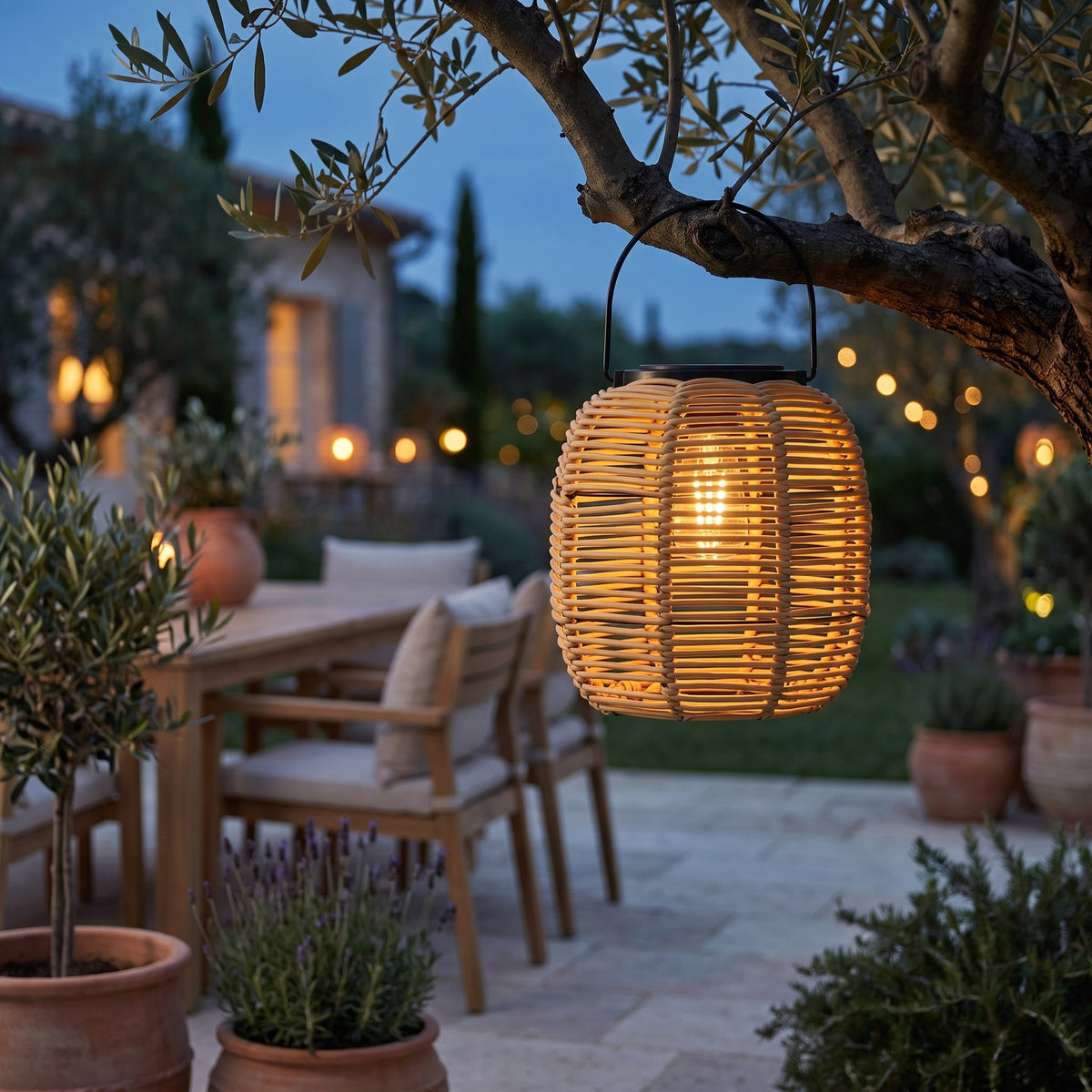 Woven Solar Lantern — Dense Rattan hanging from an olive tree at dusk