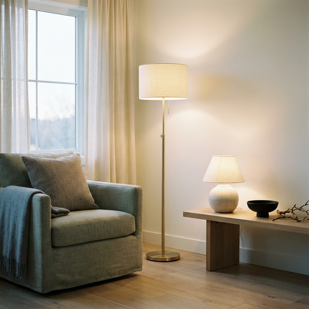 Lighting collection — warm minimalist living room lamp vignette