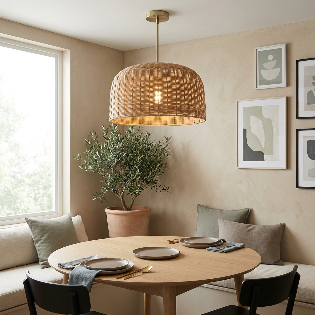 Pendant Lights collection — rattan pendant over dining table