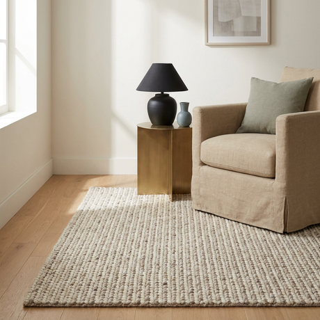 Rugs & Mats collection — woven area rug living room vignette