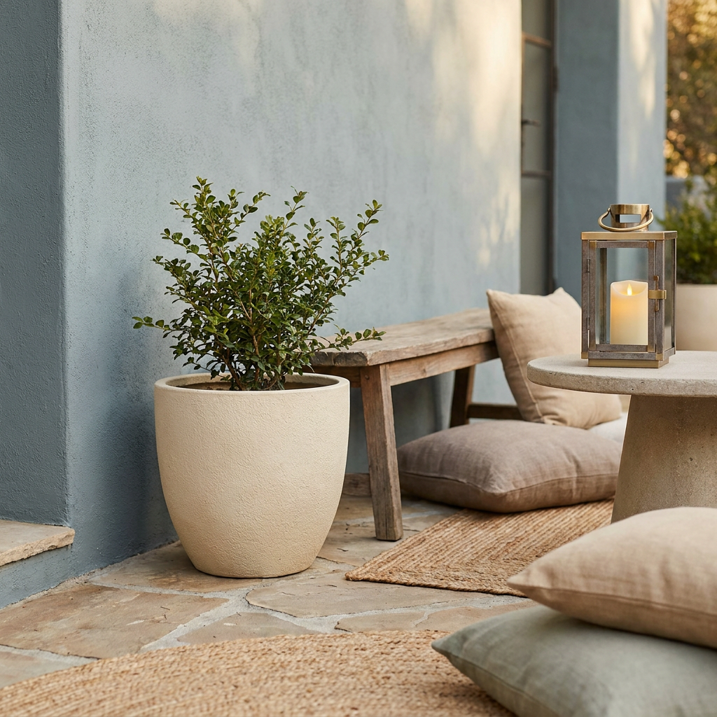 Outdoor Decor collection — patio planter and lantern vignette