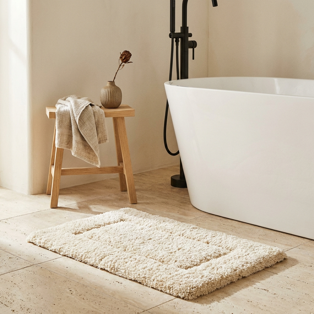 Cream tufted bath mat on travertine tile beside a freestanding tub, oak stool with folded linen towel