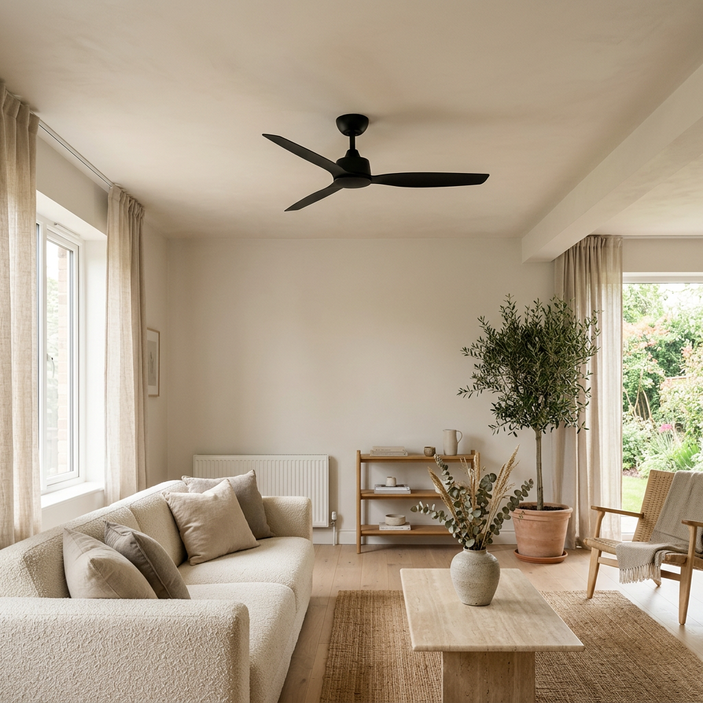 Slim matte-black ceiling fan on a warm off-white plaster ceiling above a boucle sofa and travertine coffee table