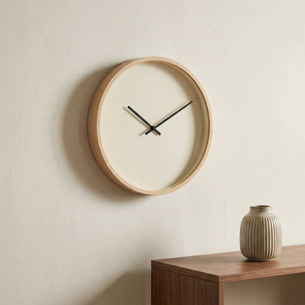 Large minimal wall clock with a pale oak rim and cream face on a warm off-white plaster wall above a walnut console