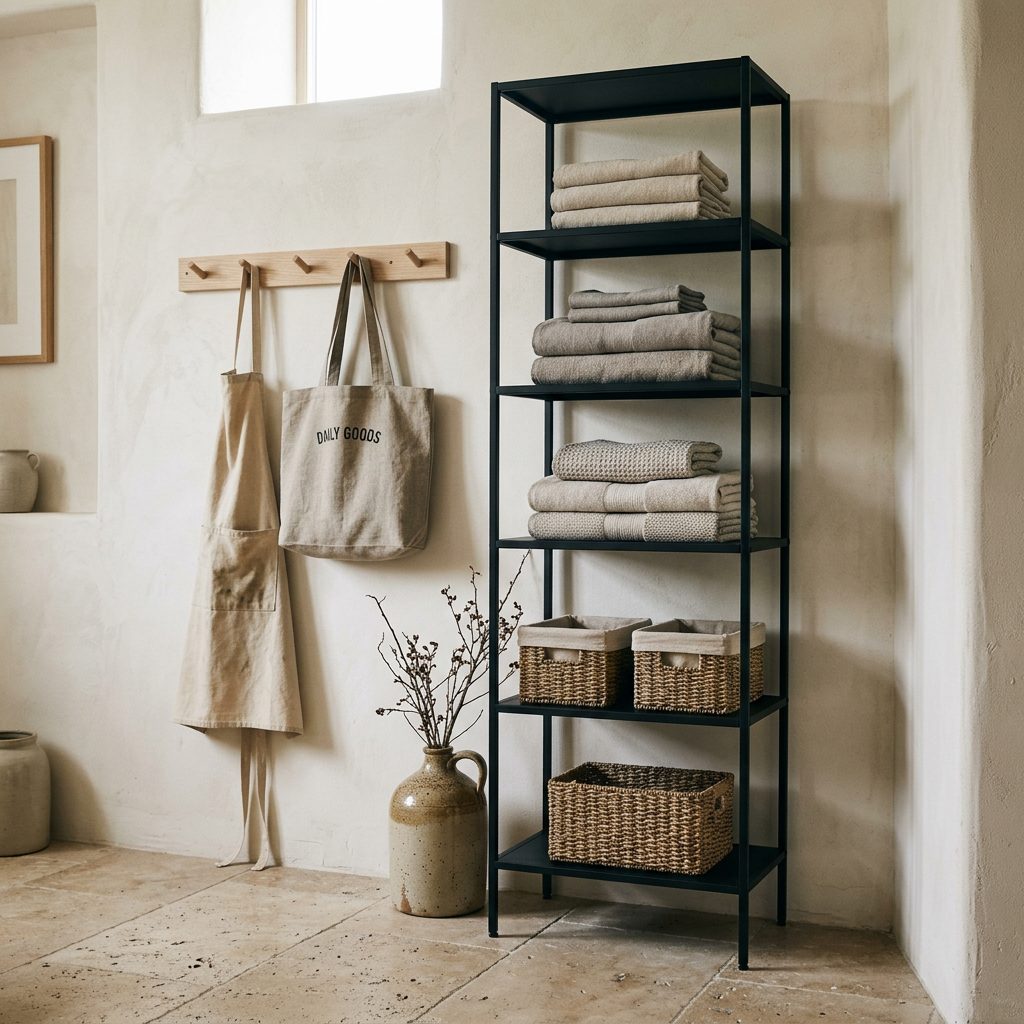 Matte-black freestanding rack with folded linen towels and woven baskets beside a pale oak peg rail in a utility corner