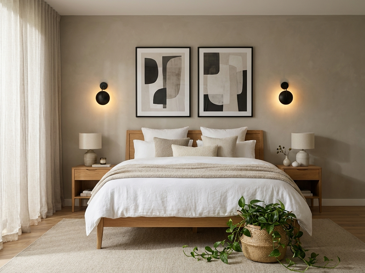Styled bedroom with framed prints, wall sconces, oak bed and wool rug