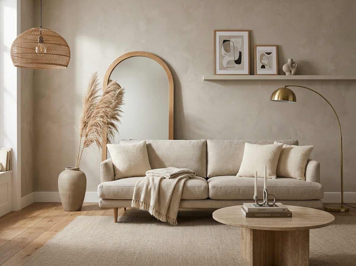 Styled living room with arched oak mirror, rattan pendant, gallery shelf and linen sofa