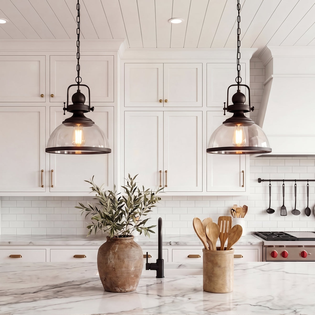 Foundry Glass Pendant — two pendants in a white kitchen
