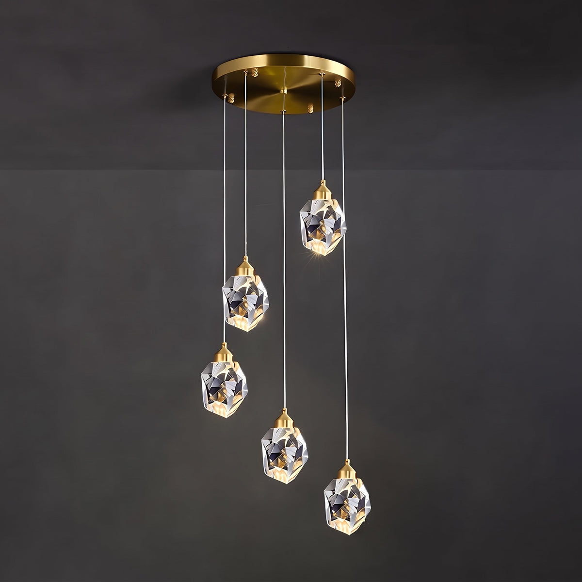Facet Brass Crystal Pendant — round 5-light dark wall