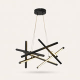 Tangent Bar Chandelier — black crisscross bars, studio view