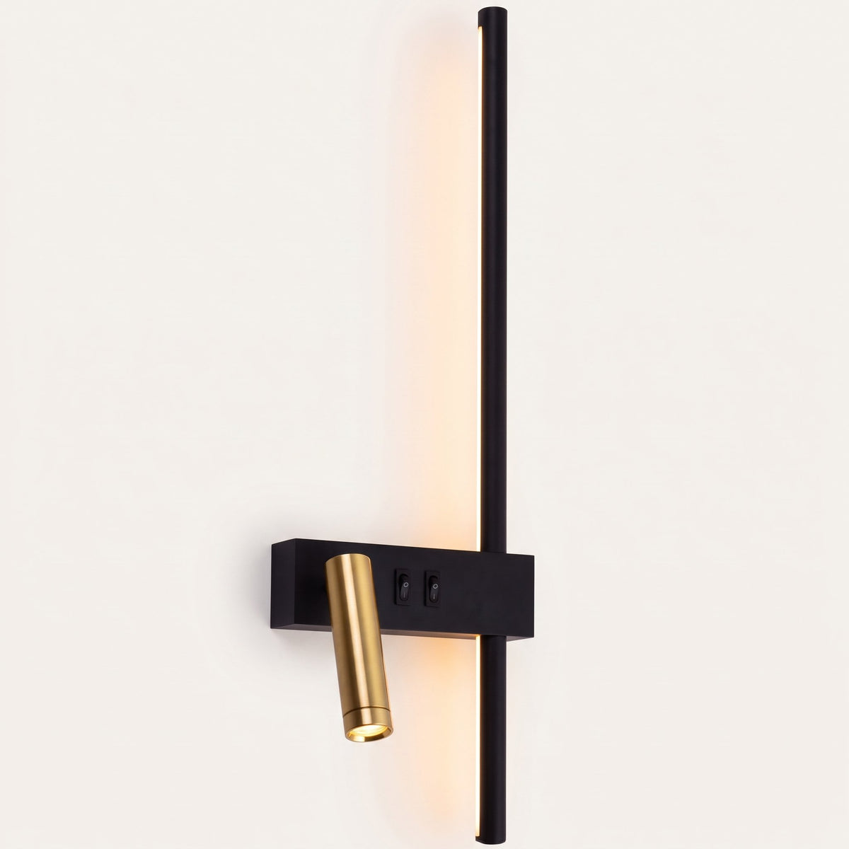 OsloGlow Wall Light - left orientation, black bar with brass reading spot