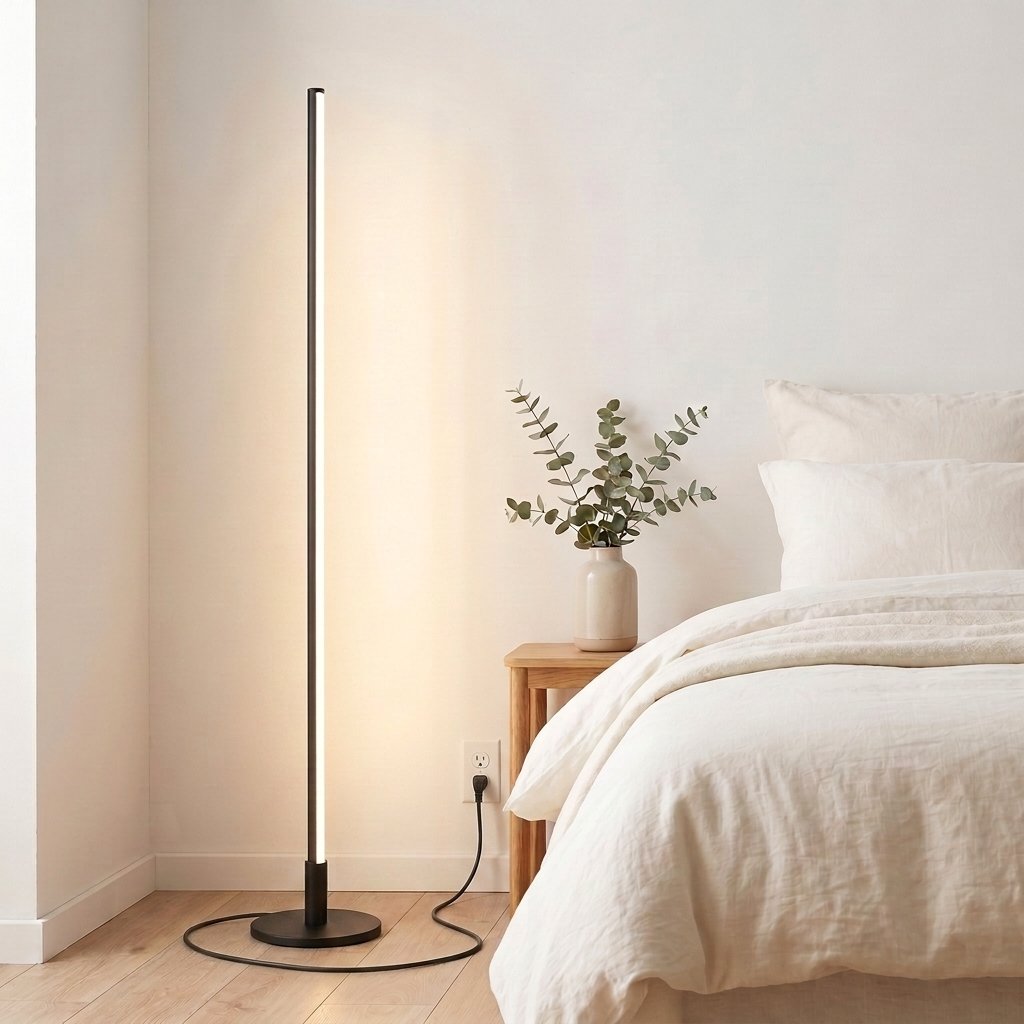 Stelo Slim Floor Lamp — bright bedroom corner
