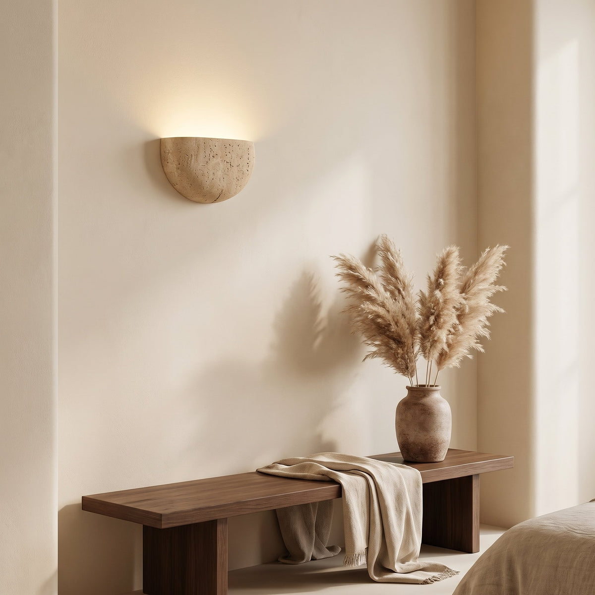 Lumo Travertine Wall Lamp — bedroom bench setting