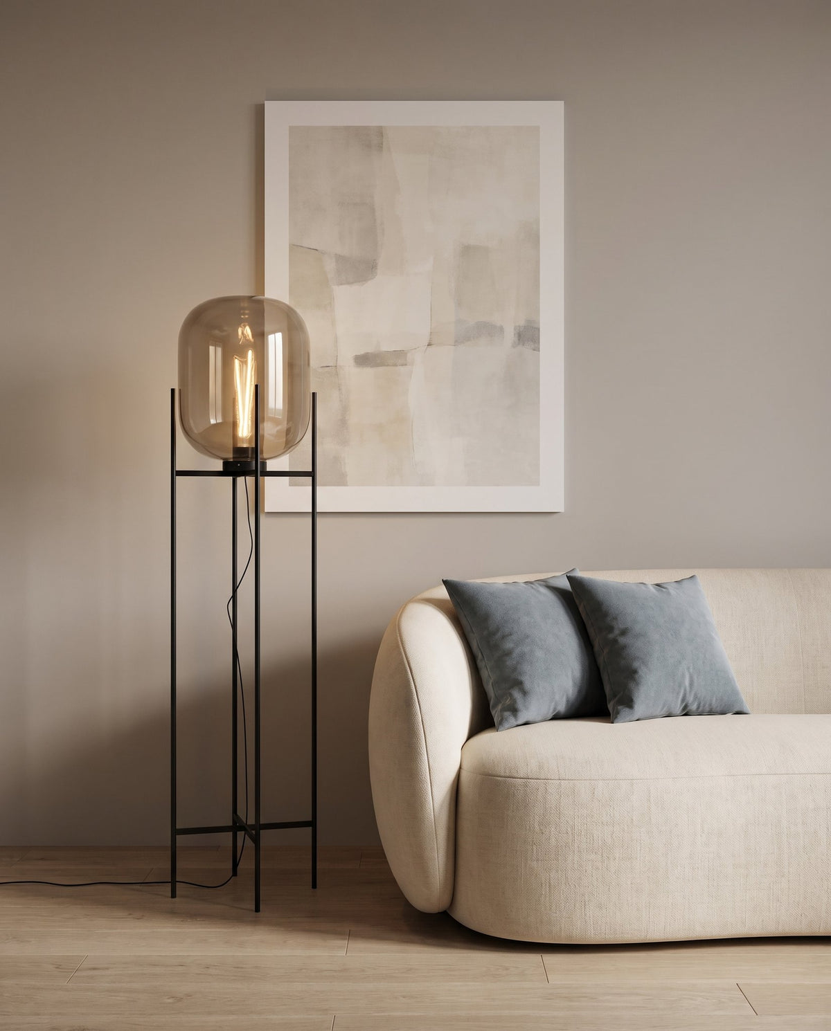 Nimbus Glass Floor Lamp — Smoke Gray lifestyle, sofa and art