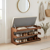 Marlow Flip-Top Shoe Bench — flip-top seat open with two metal stay arms in a bright entryway