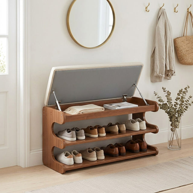 Marlow Flip-Top Shoe Bench — flip-top seat open with two metal stay arms in a bright entryway
