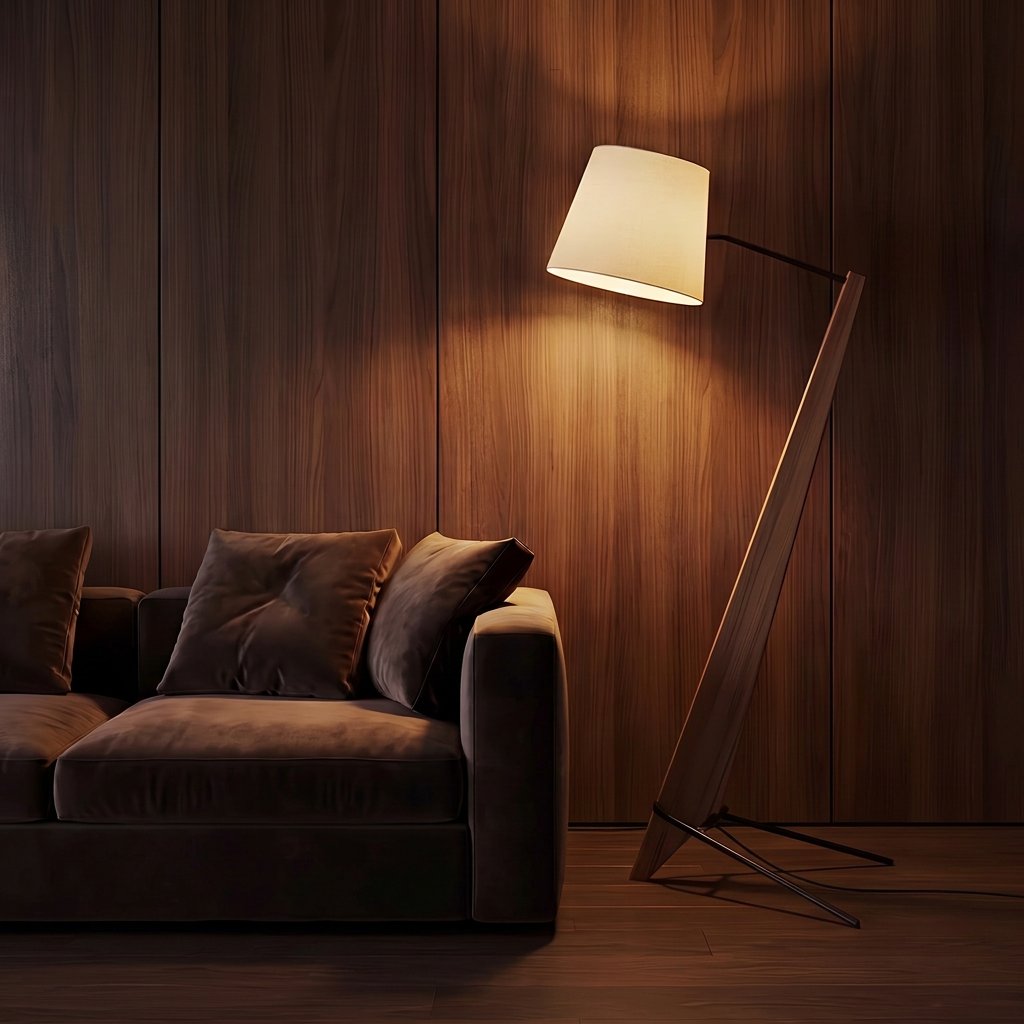 Timber Tilt Floor Lamp — moody living room with velvet sofa