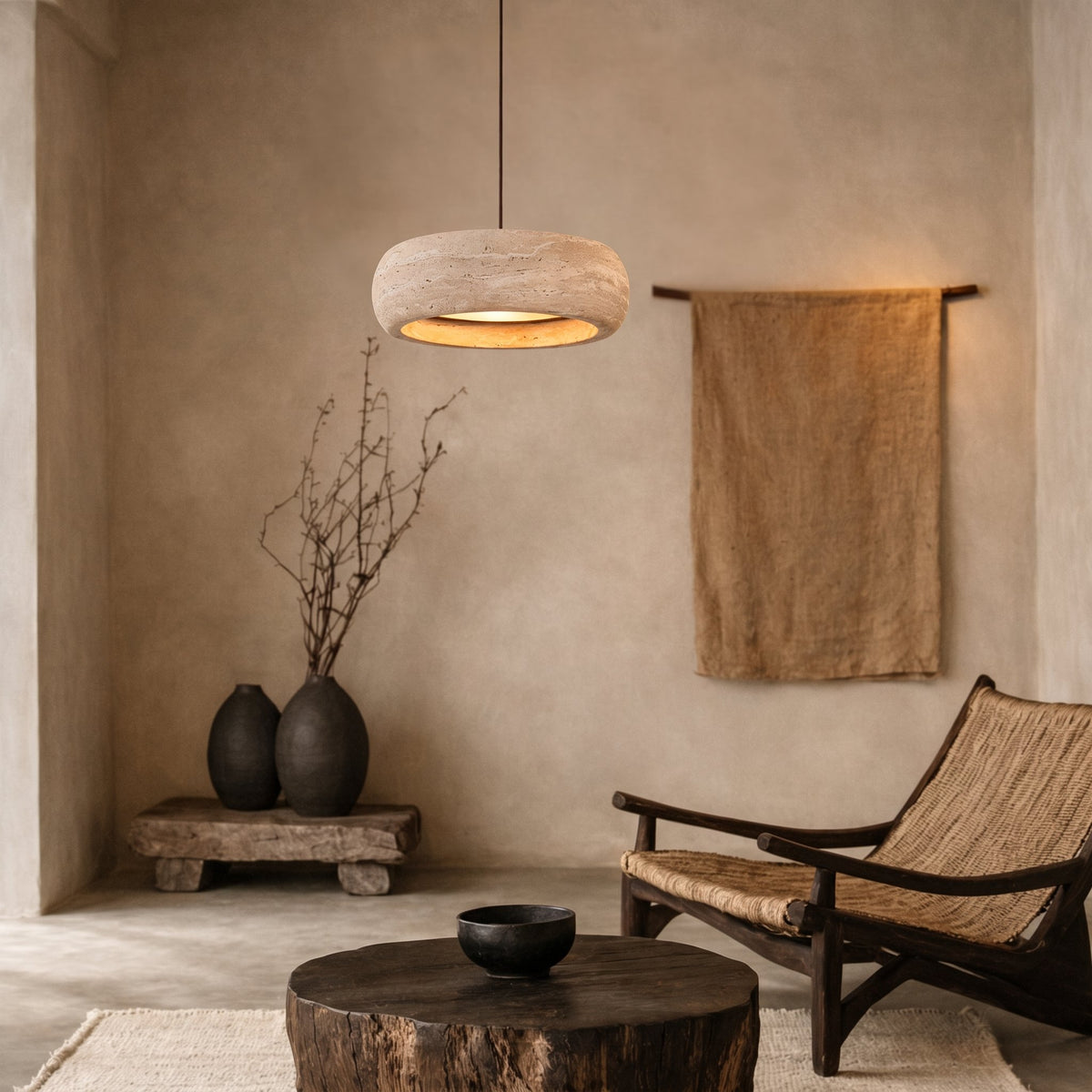 Ithaca Travertine Pendant — Mediterranean room lifestyle