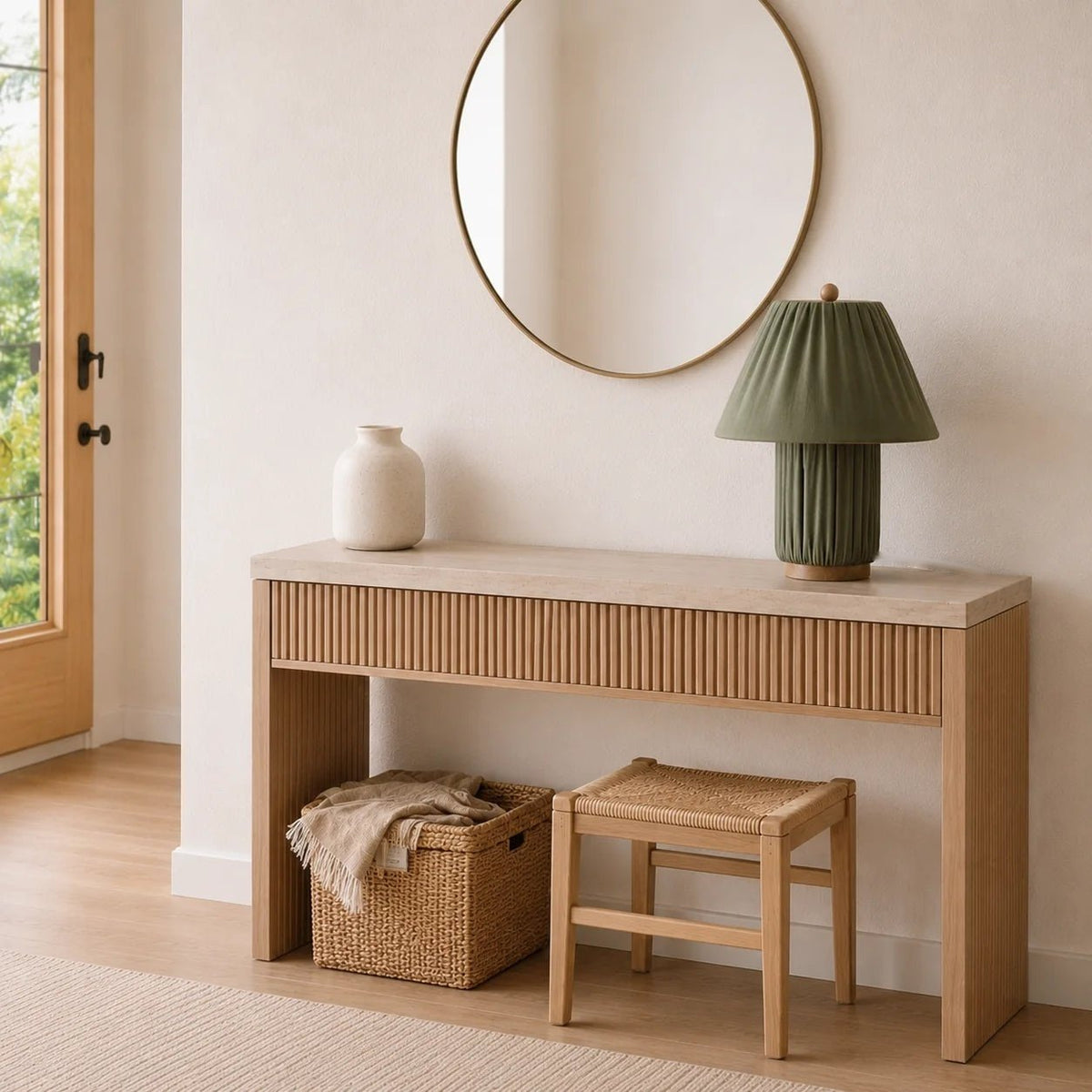 Plisse Fabric Table Lamp — Green, on a console table