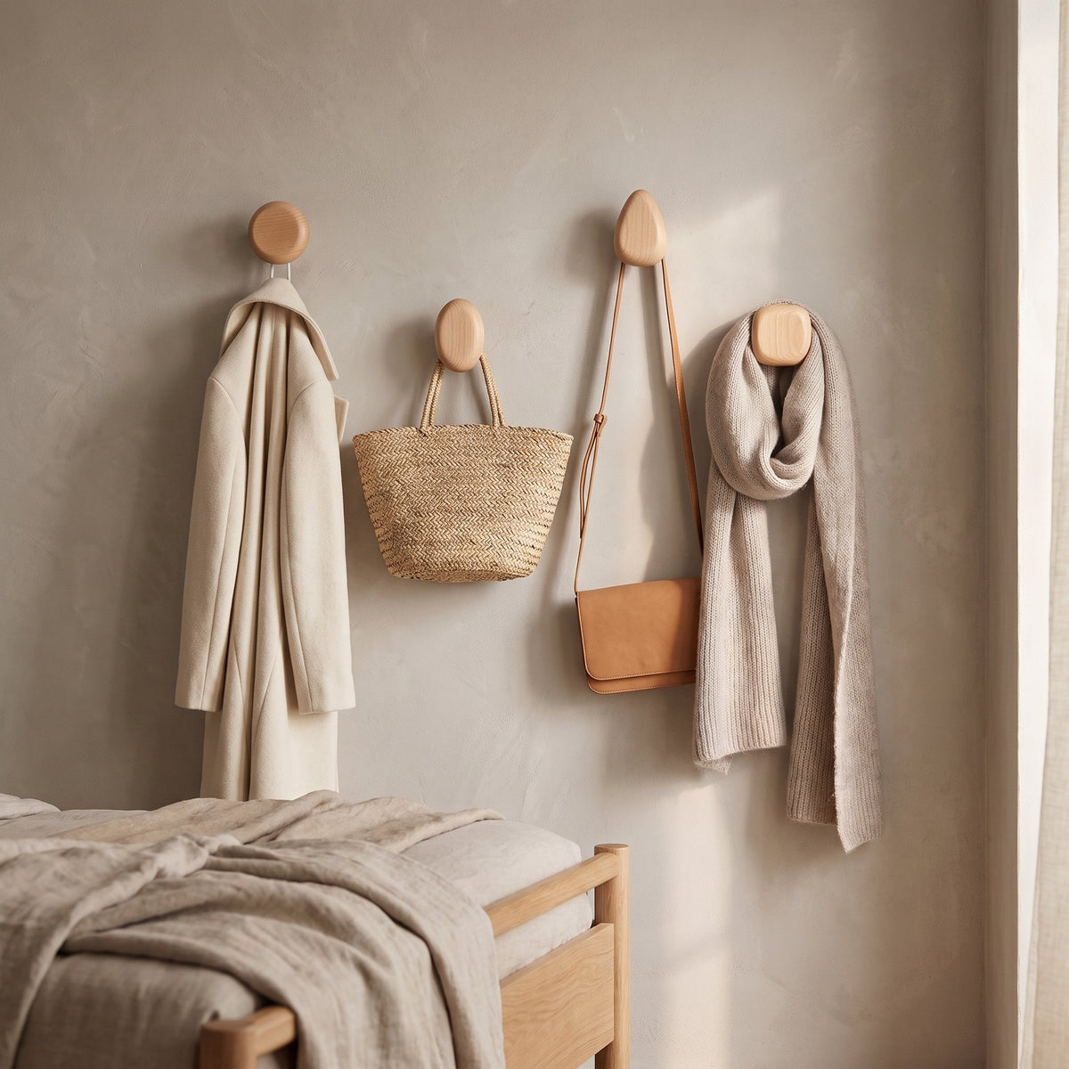 Rondis Pebble Hooks — lifestyle, beech wood shape variety bedroom