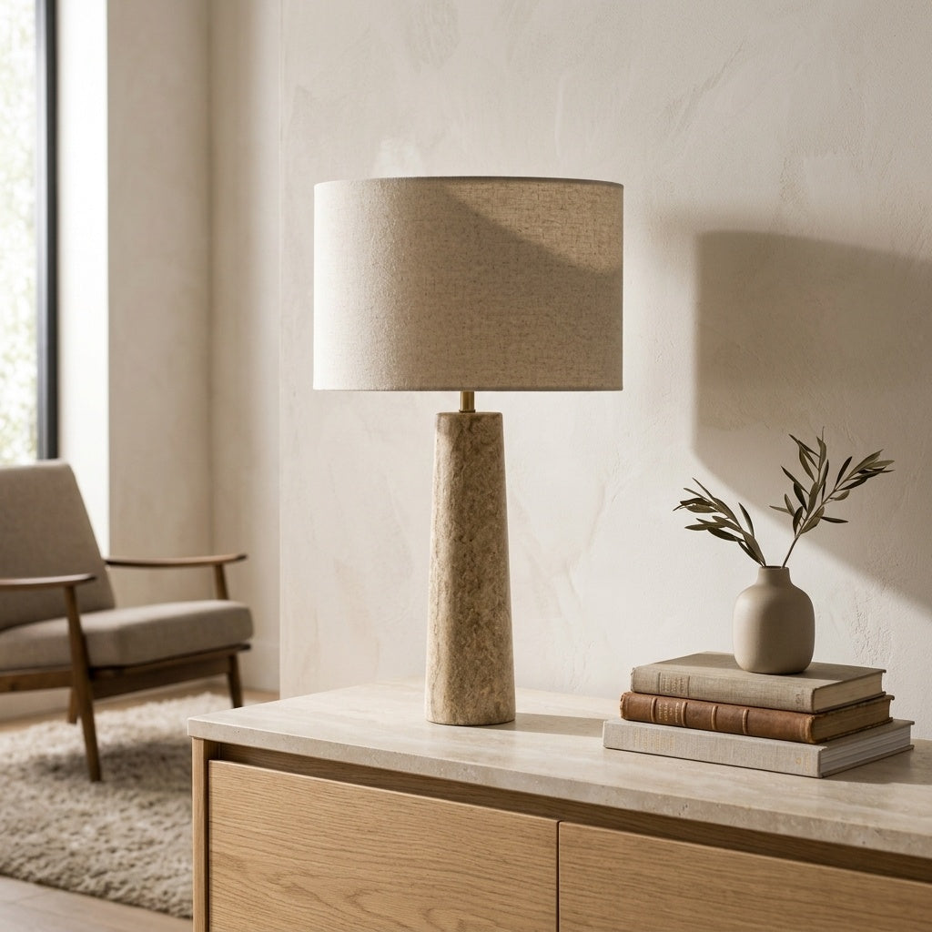 Cortona Travertine Table Lamp — tapered style on an oak sideboard in daylight