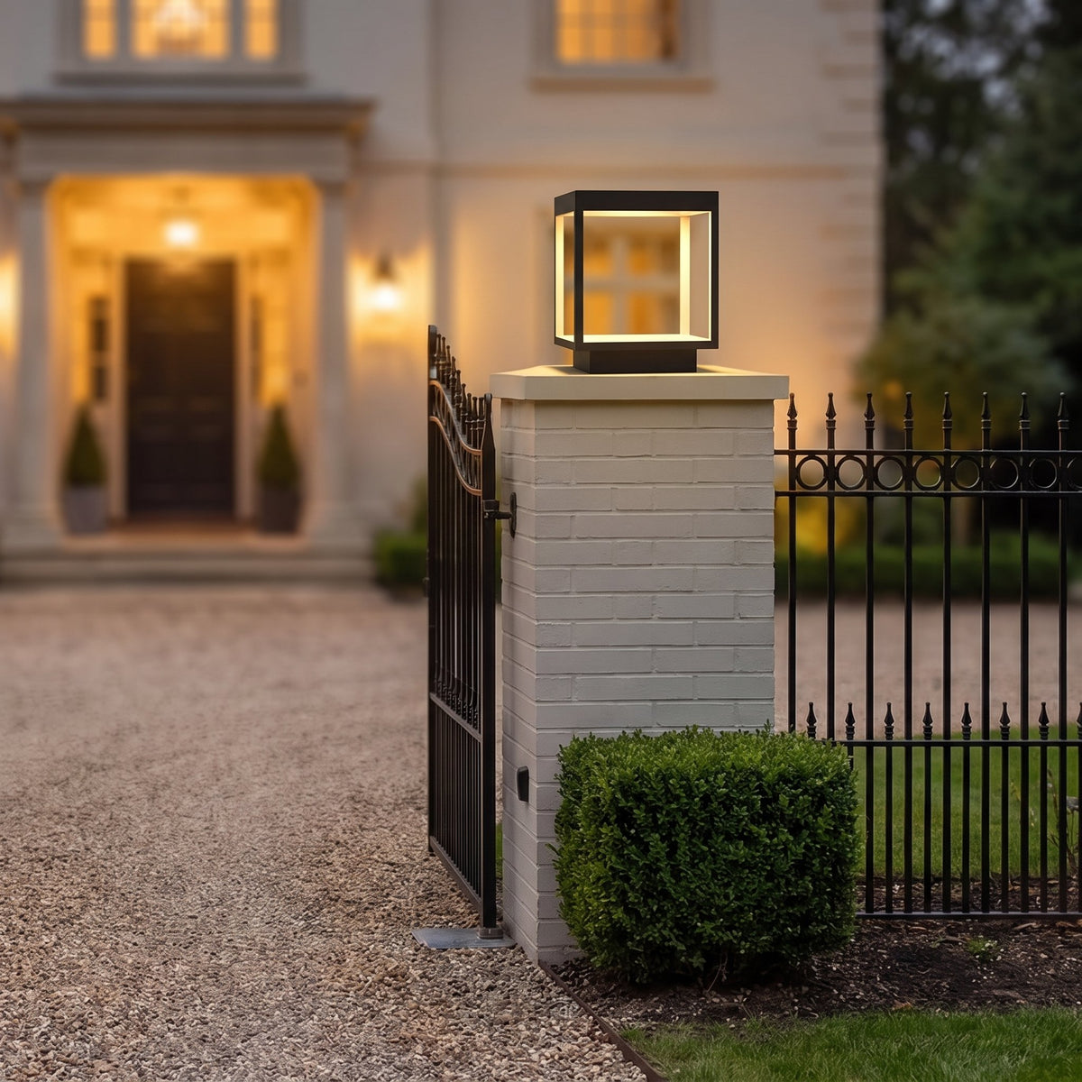 Frame Cube Pillar Light — lifestyle, driveway entrance gate