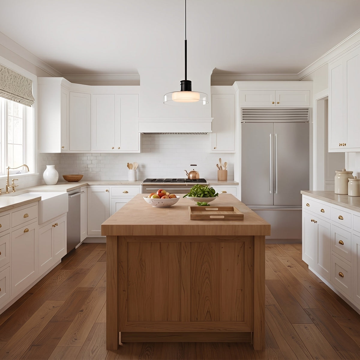 Puck Glass Pendant — clear glass in a bright kitchen