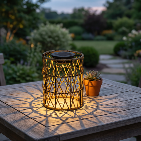 Woven Solar Lantern — garden lifestyle with criss-cross shadow pattern