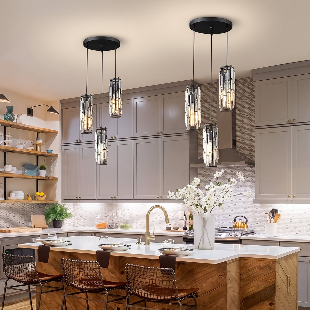 Prism Mini Pendant — black 3-Light clusters over kitchen island