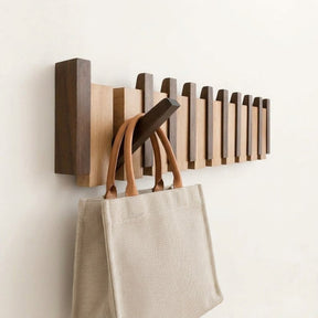 Orlo Piano Key Coat Rack — Walnut and Beech Wood with a canvas tote