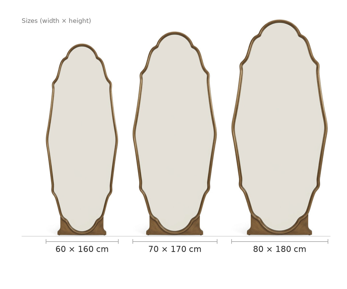 Vintage Full-Length Wall Mirror, French-Inspired — size diagram, three sizes to scale