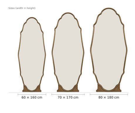 Vintage Full-Length Wall Mirror, French-Inspired — size diagram, three sizes to scale