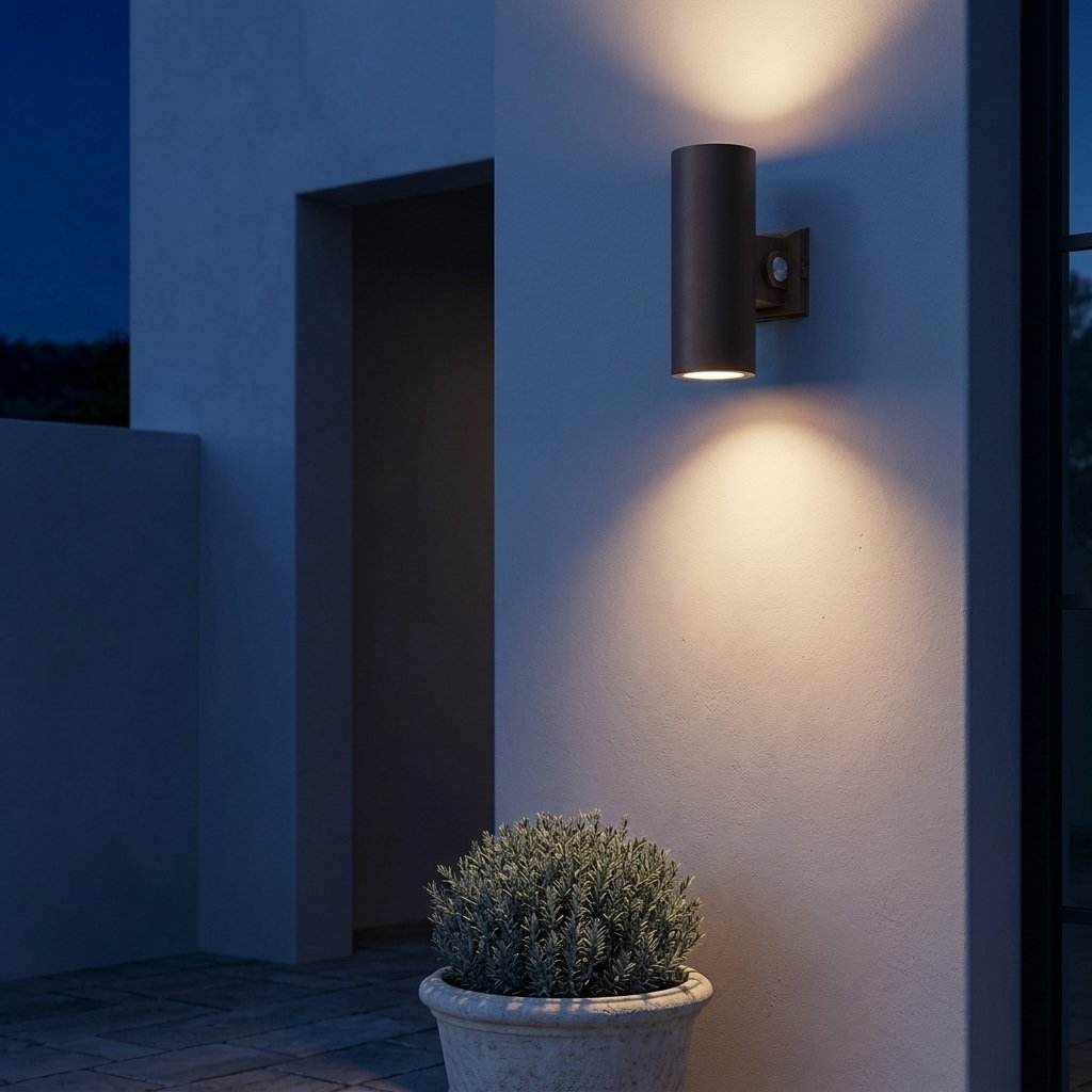 Bastion Cylinder Wall Light — lit courtyard wall at night