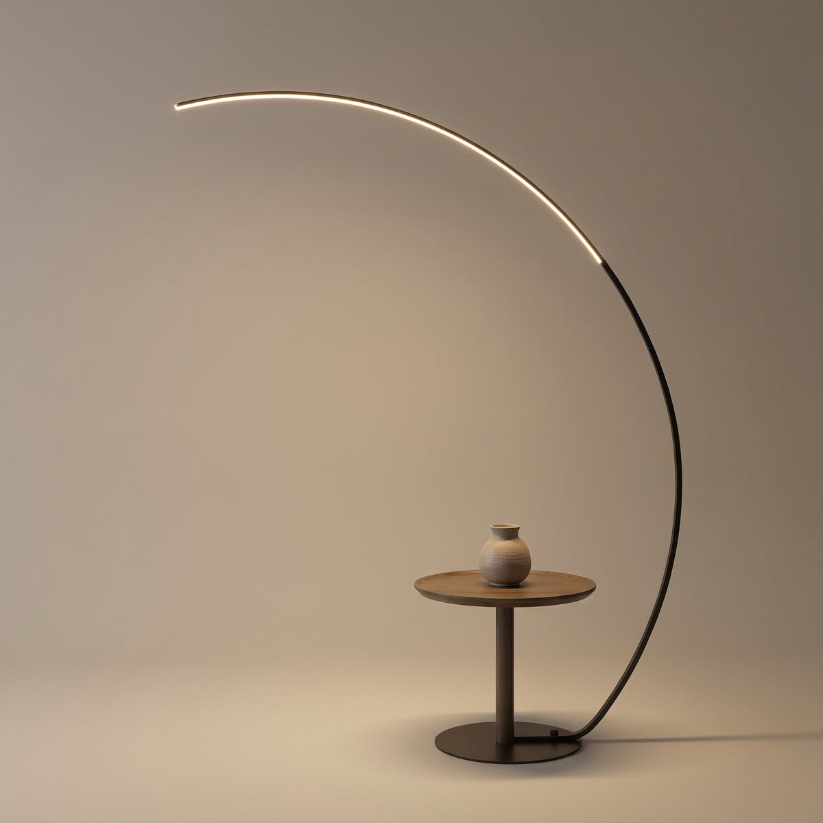 Crescent Arc Floor Lamp — Black, base and side table detail