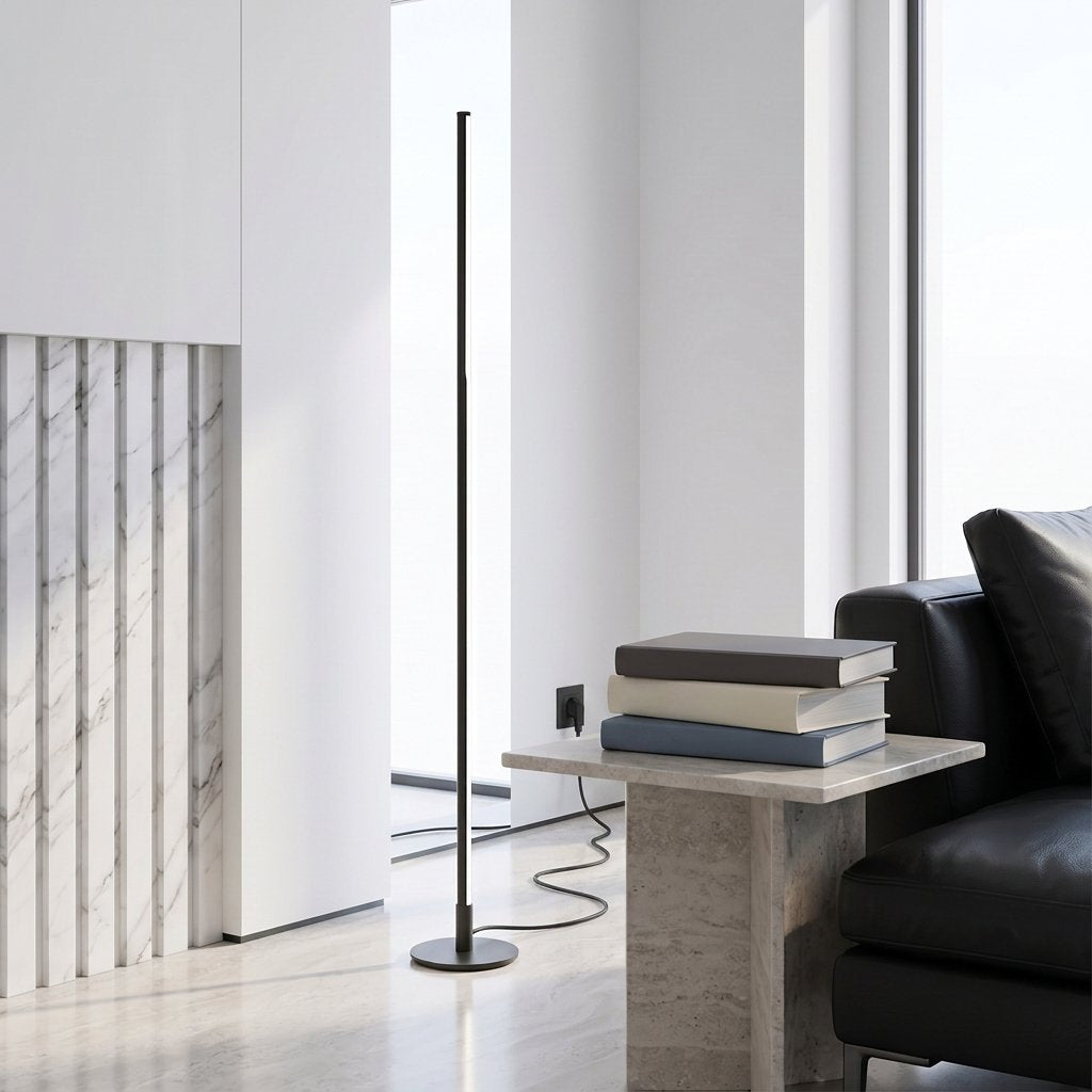 Stelo Slim Floor Lamp — minimalist living room with marble-slat wall