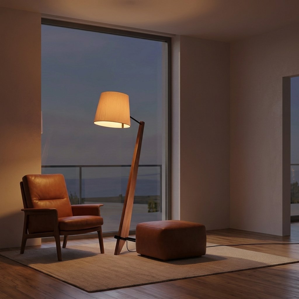 Timber Tilt Floor Lamp — evening living room with leather chair and ottoman