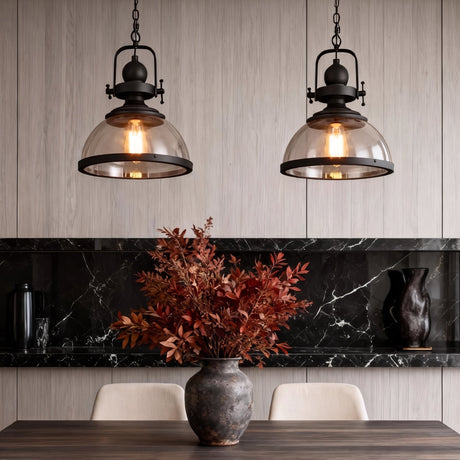 Foundry Glass Pendant — dining table with dark marble backsplash