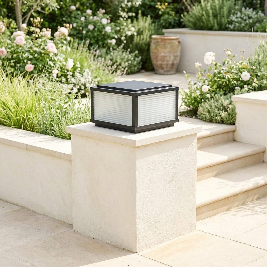 Sillar Ribbed Pillar Light — 11.8'' on a garden wall pier, daytime