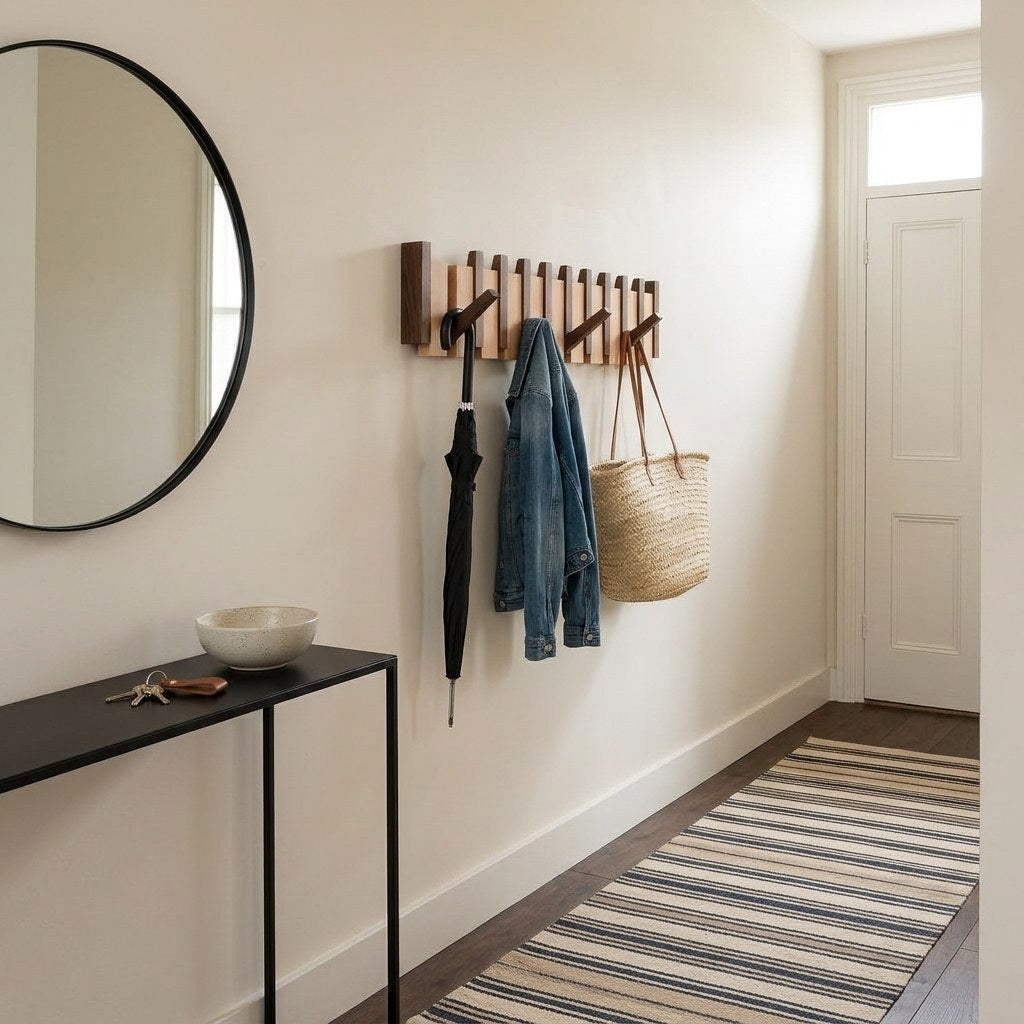 Orlo Piano Key Coat Rack — in a narrow hallway with an umbrella, denim jacket and straw bag