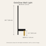 OsloGlow Wall Light - dimensions diagram, 19.7 inch tall bar and 4.1 inch reading spot