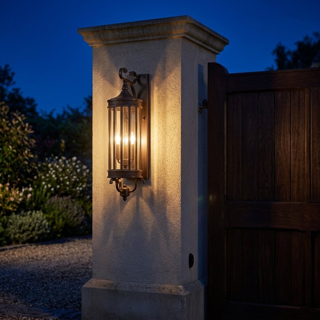 Corbel Wall Lantern — antique bronze lantern glowing on a gate pillar at night