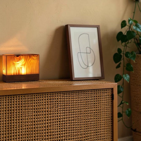 Grove Cube Lamp — boho console with line-art print