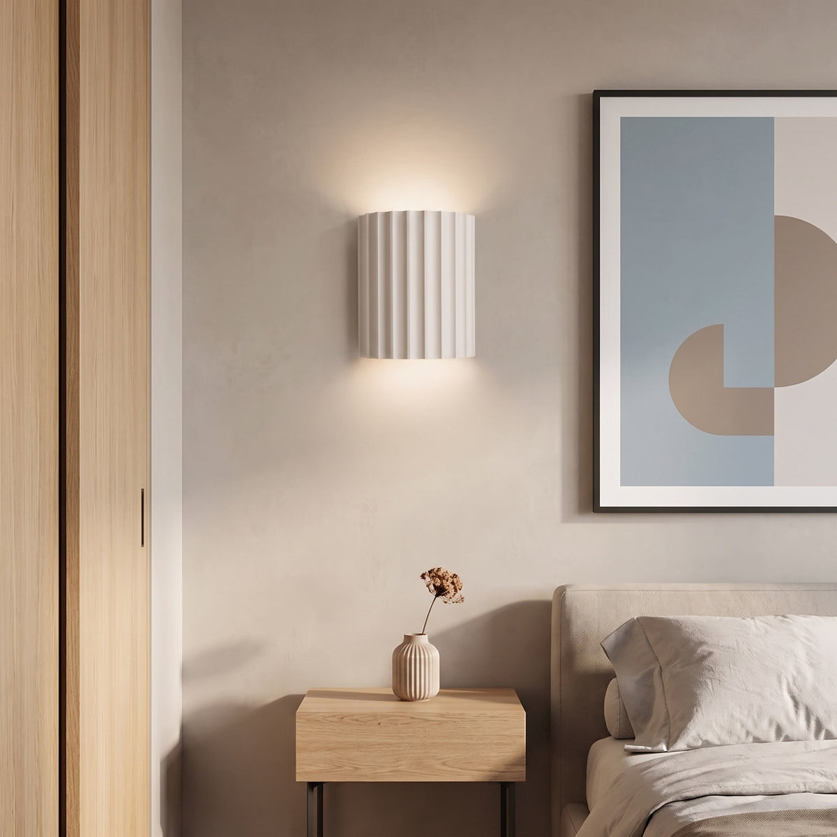 Ribbed Resin Wall Sconce — lifestyle, White bedroom