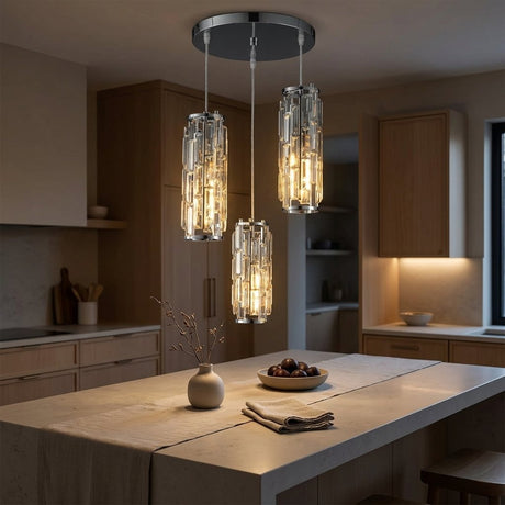 Prism Mini Pendant — chrome 3-Light cluster at dusk over stone island