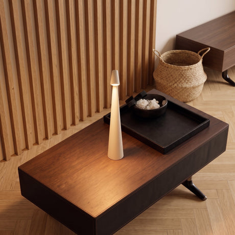 Spire Cone Table Lamp — White, coffee table lifestyle scene