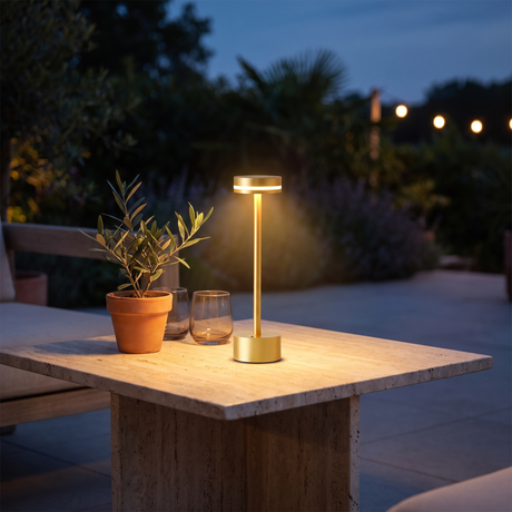Drift Aluminum Table Lamp — patio lifestyle