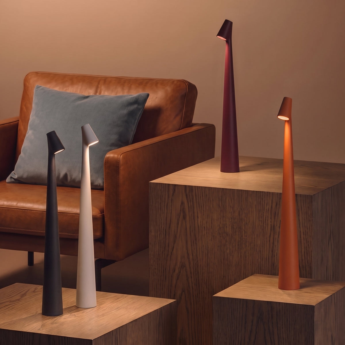 Spire Cone Table Lamp — all four colors, lifestyle display